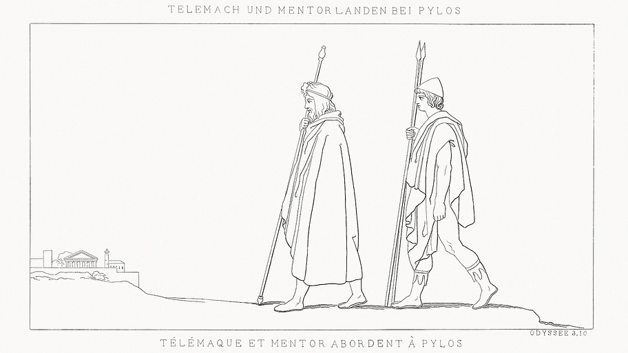 A 19th-century engraving of John Flaxman's classical illustration depicting Telemachus and his advisor, Mentor, landing at Py