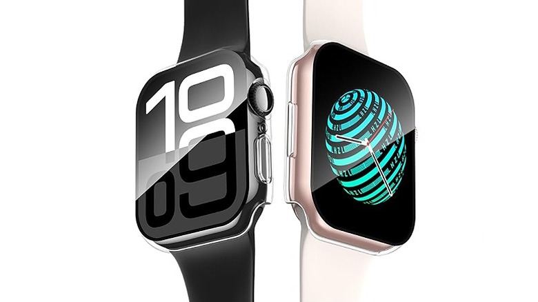 Two smartwatch facing opposite from each other against a white background.