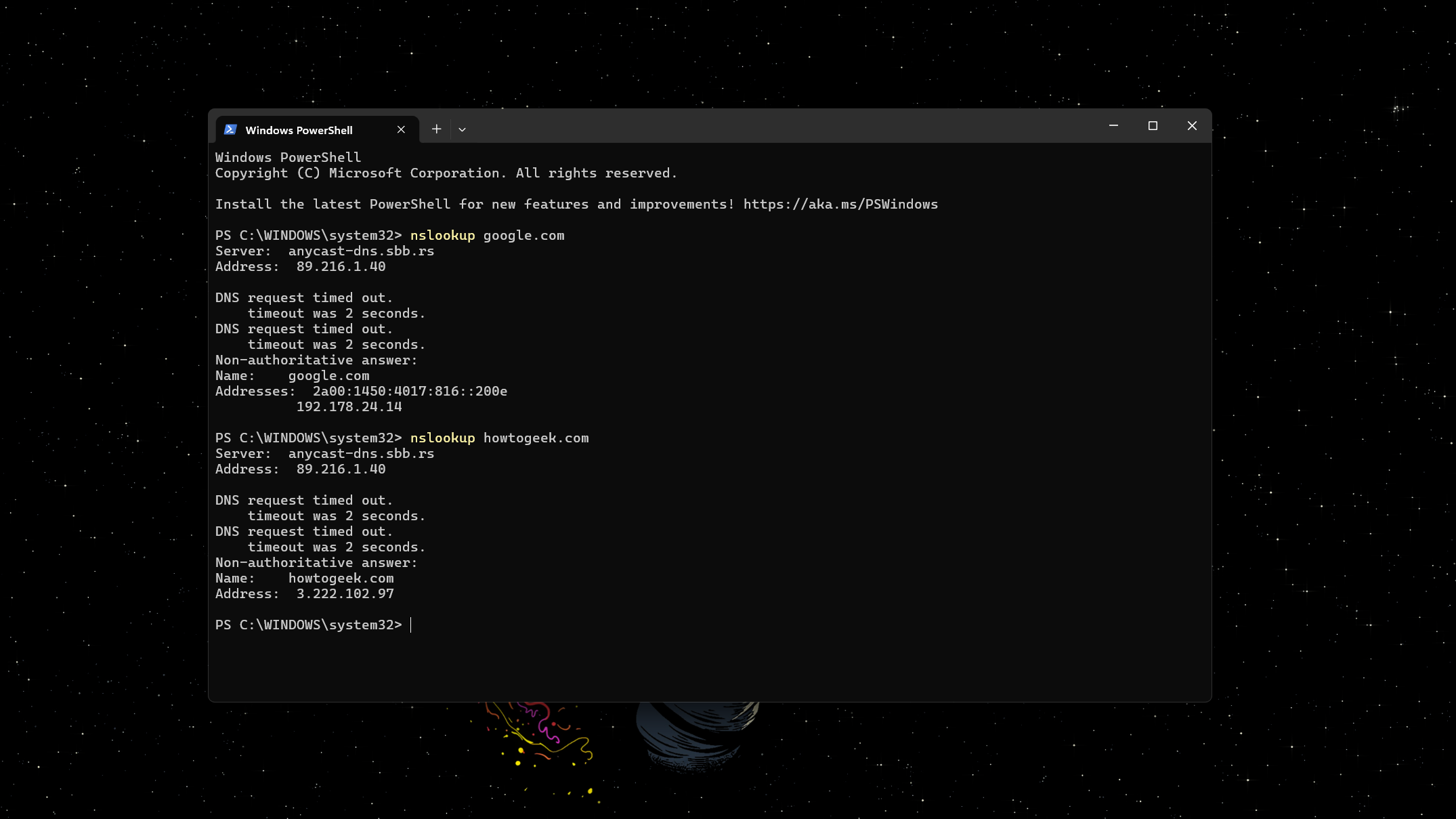 running nslookup in PowerShell.
