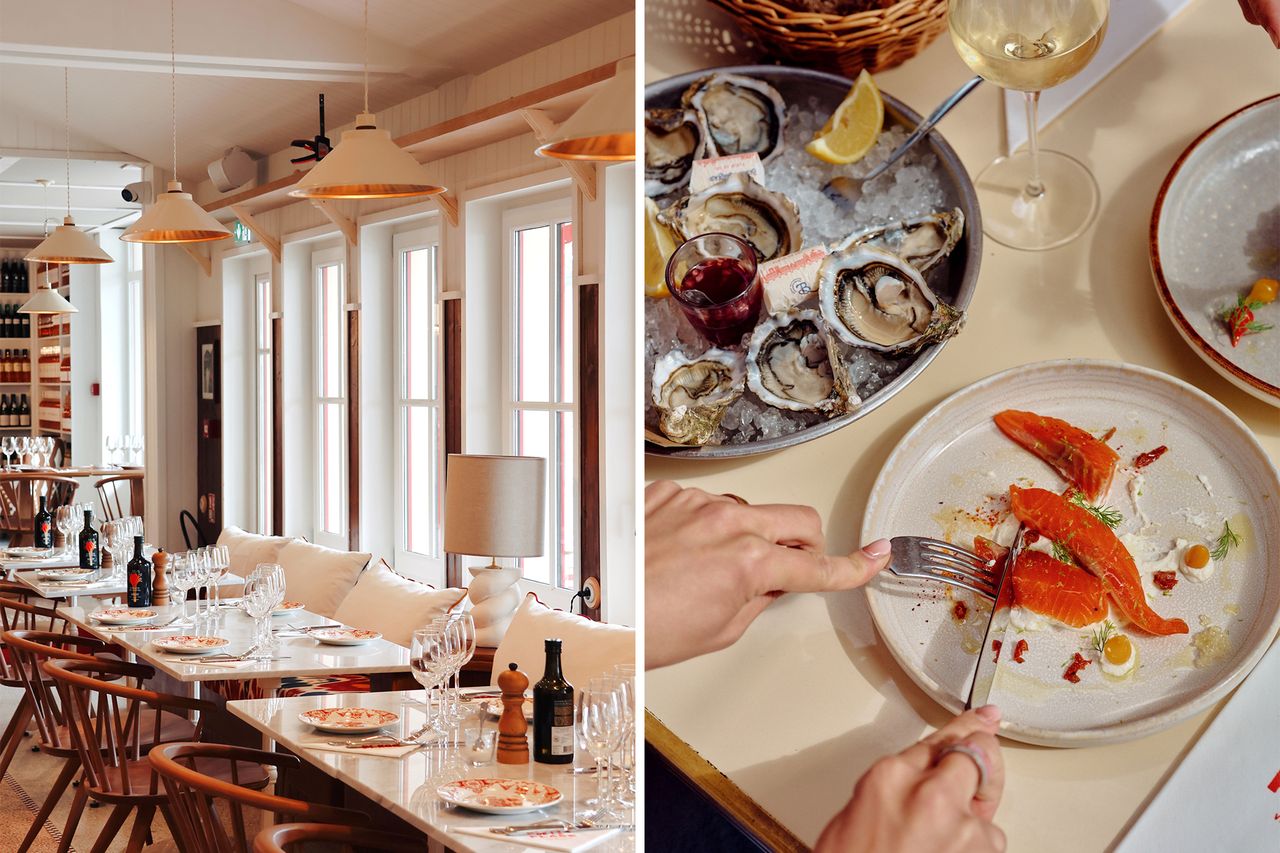 Elegant restaurant interior and plated seafood typically served