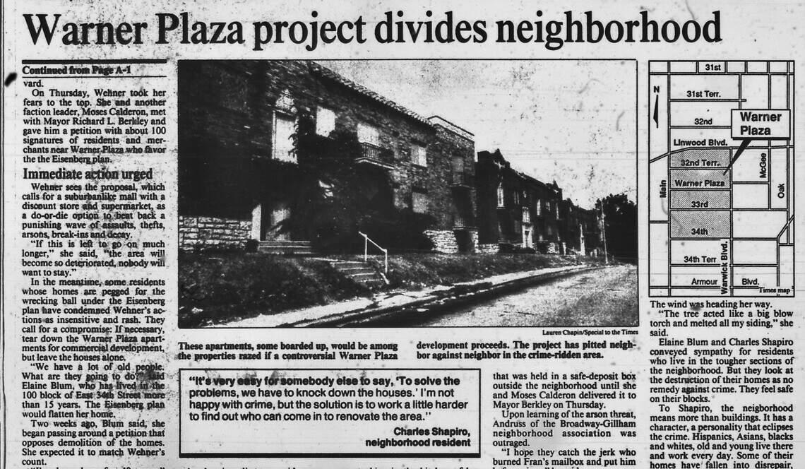 A Kansas City Times story from 1989 talks about the Warner Plaza project.