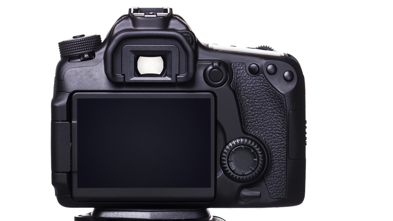 Rear view of a DSLR camera with its LCD screen.