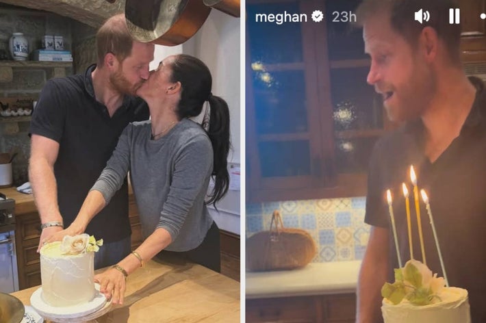 Two people share a kiss in a kitchen, standing next to a cake with a rose. The man is later shown surprised by the cake with lit candles