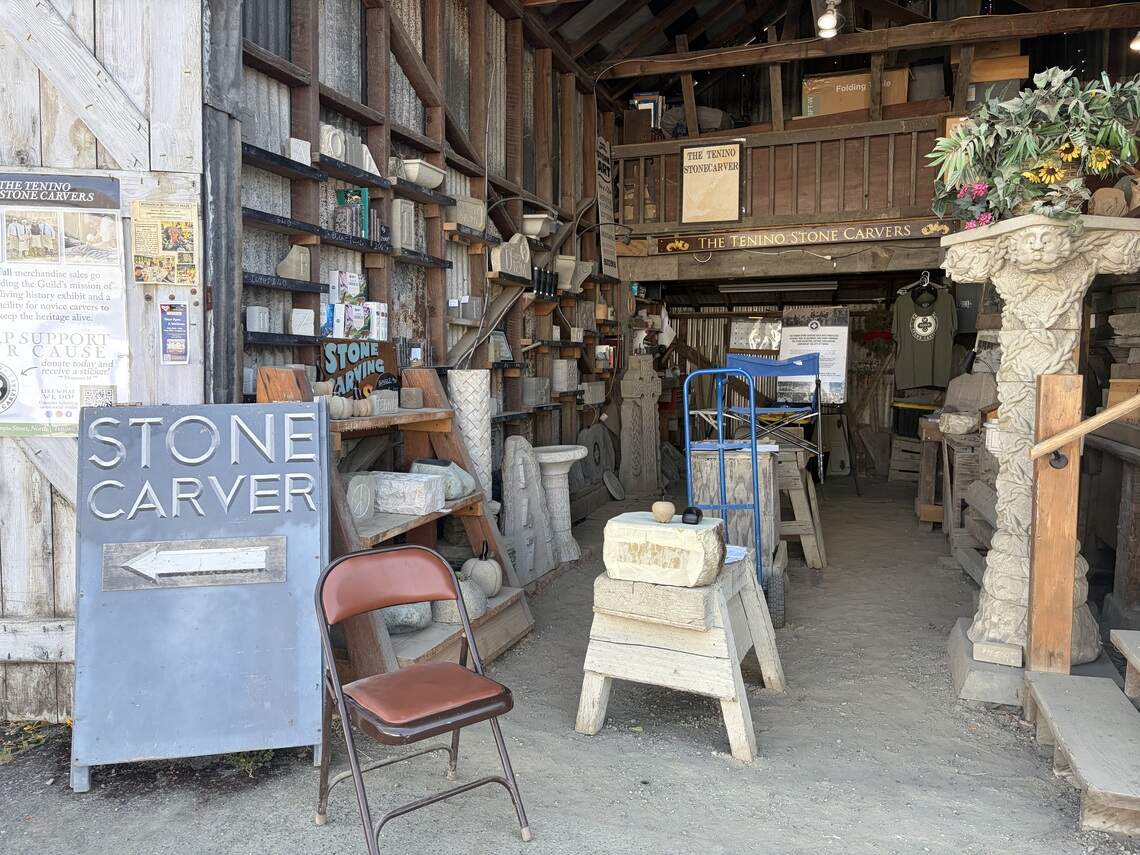 The Shed, a historic dirt floor feed storage facility, now serves as a showroom for the Tenino Stone Carvers Guild.