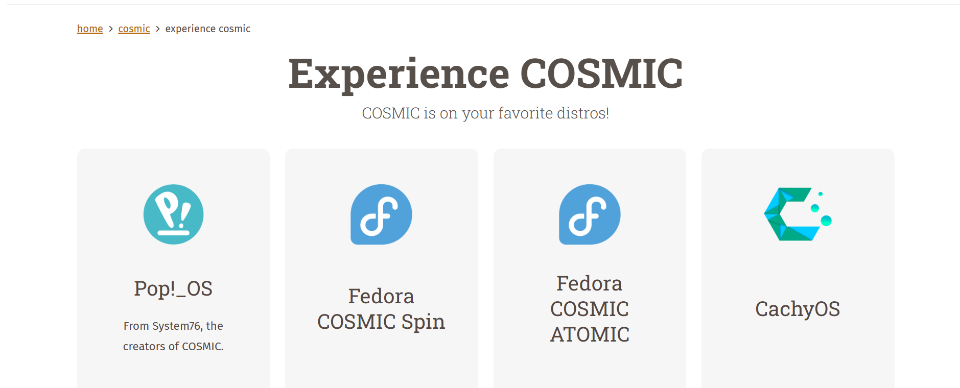 List of distros with COSMIC available on the System76 website.