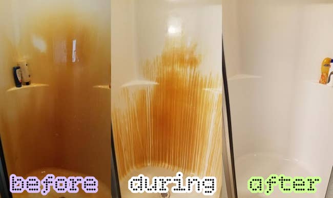 orange shower in the process of getting clean