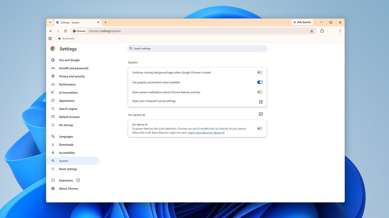 System settings on Chrome with on-device AI turned off