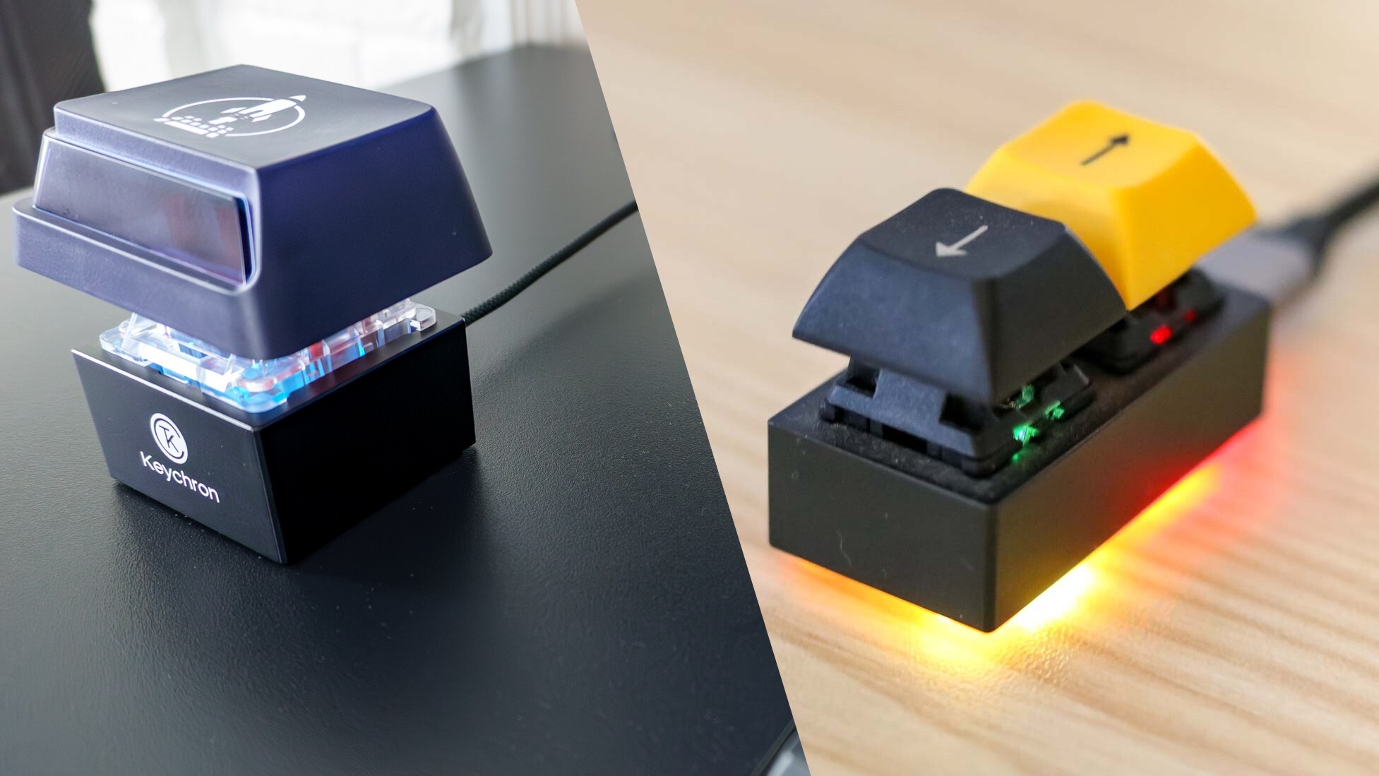 A composite shot showing the Keychron Q0 Mini 8K Action Key next to a custom, two-key macropad