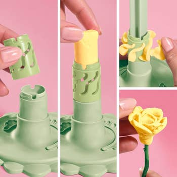 Four-step process for crafting rose-shaped butter: insert butter, press into mold, shape petals, reveal rose