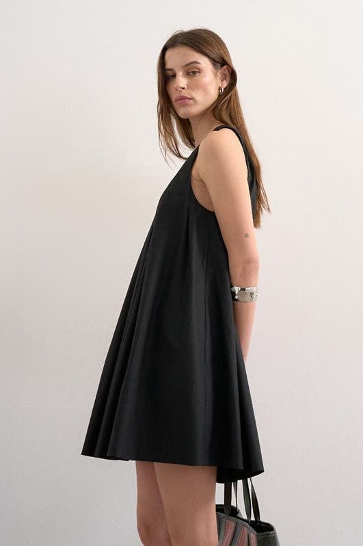 Pleated Cotton Trapeze Minidress