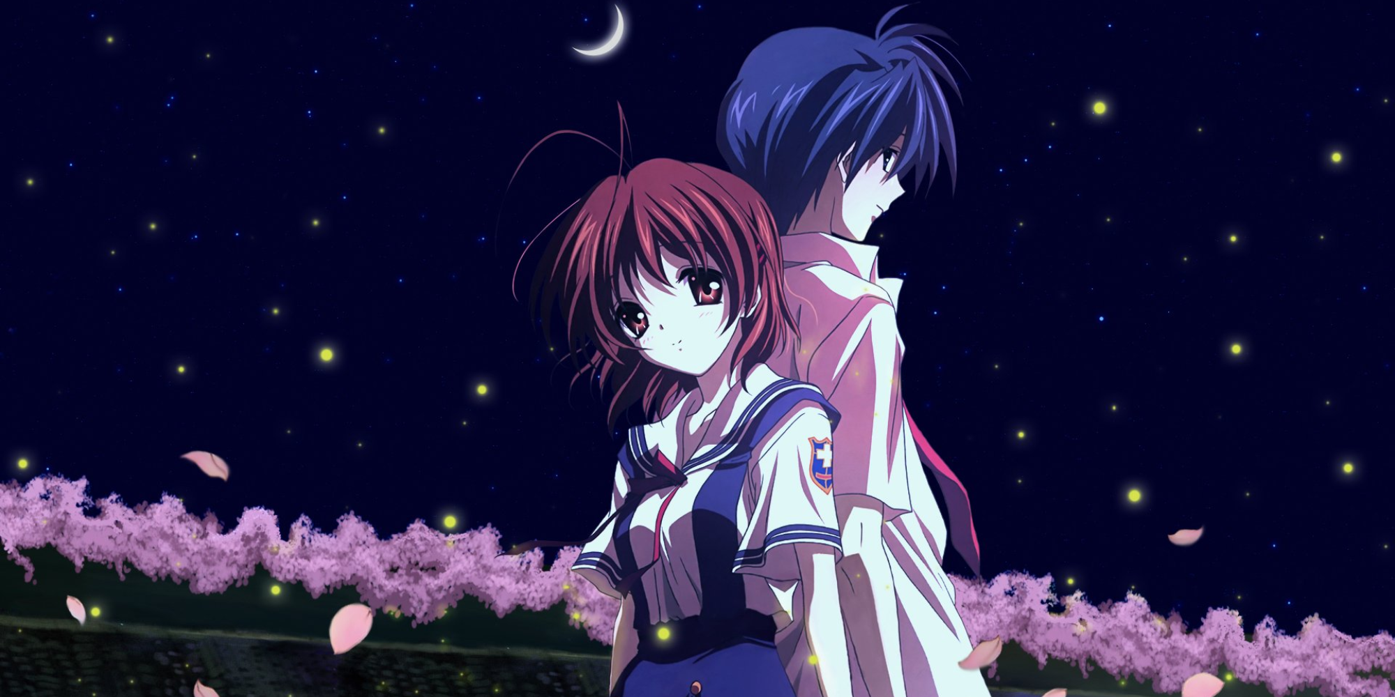 Clannad anime featured image - Tomoya and Nagisa standing together under a starry sky