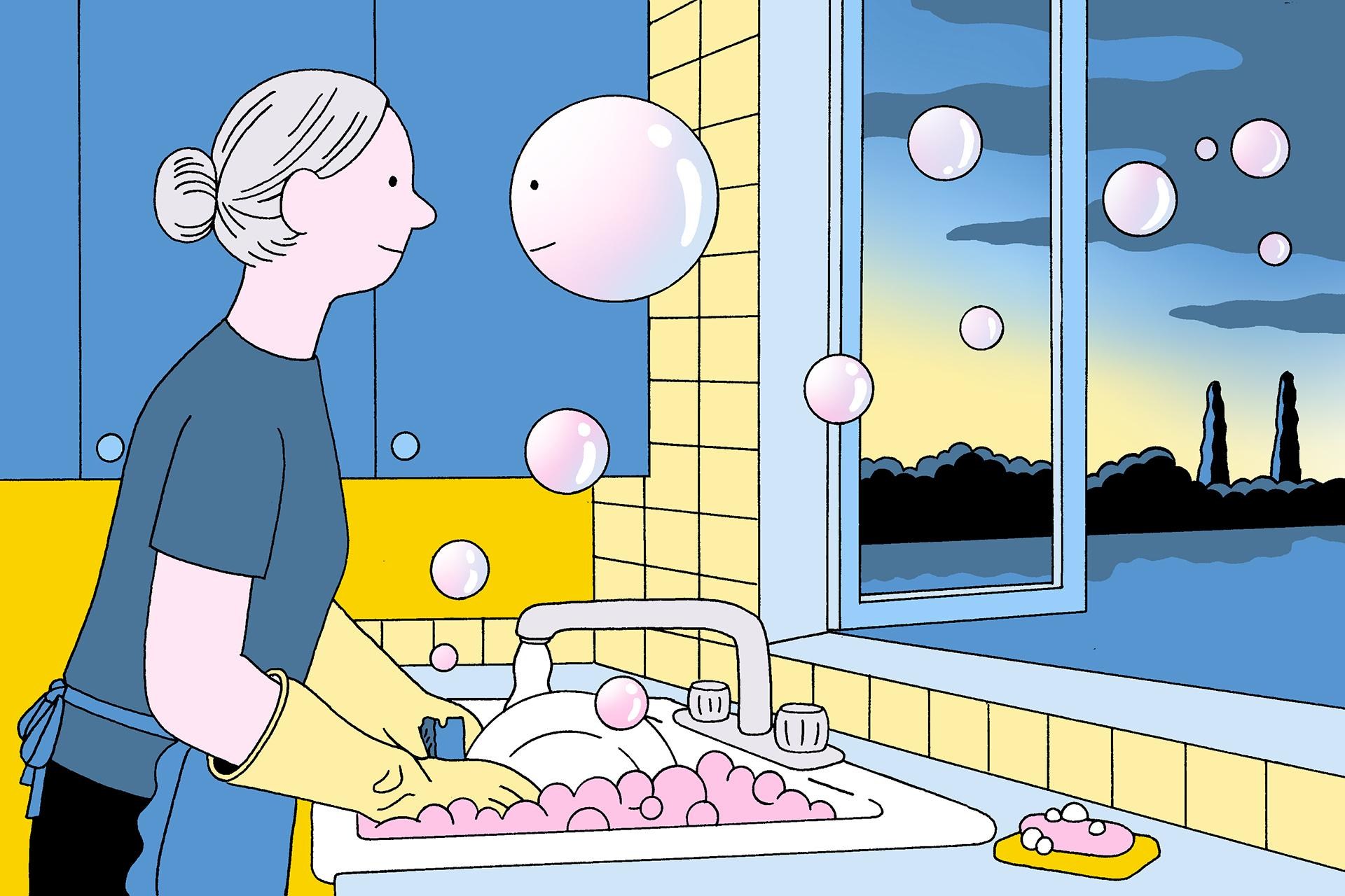 A woman stands washing dishes at a sink by an open window, as soap bubbles float up and out the window.