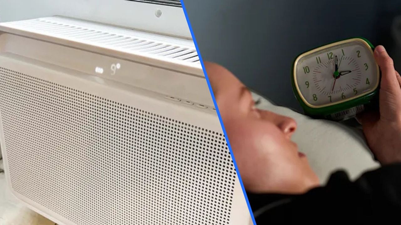 Split screen of Windmill Air Conditioner in window and a woman waking up at 3am.