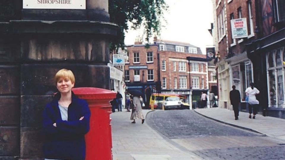 The sisters were relieved to escape the B&B room and continue exploring Shropshire. Here's Jan pictured by an English postbox. - Jill and Jan Shropshire