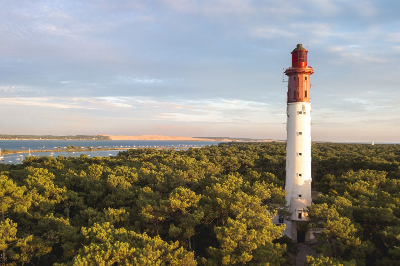 A lighthouse surrounded by dense forest with a view of water and distant land in the background