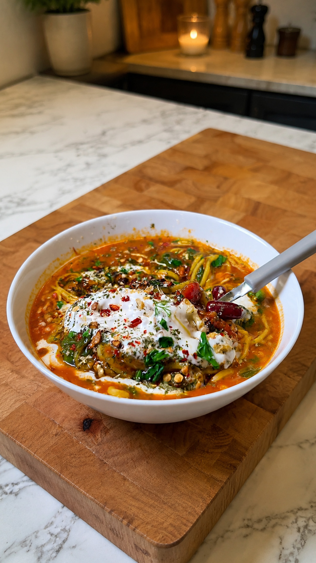 Traditional aush noodle soup from Afghan cooking
