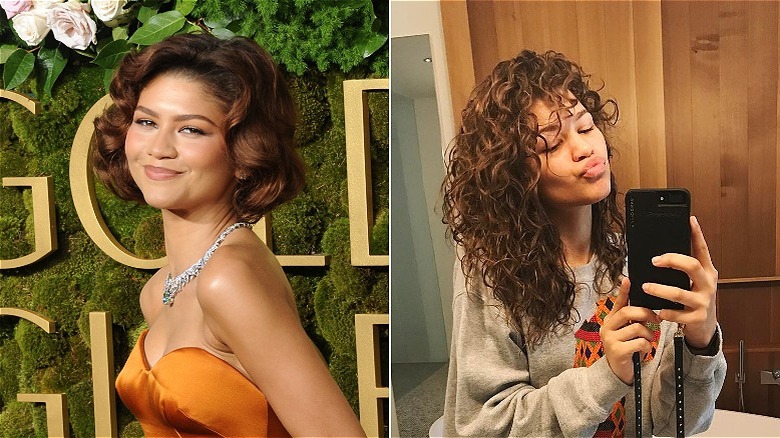 Zendaya posing at an event in an orange gown on the left, and posing for a mirror selfie with curly hair on the right.