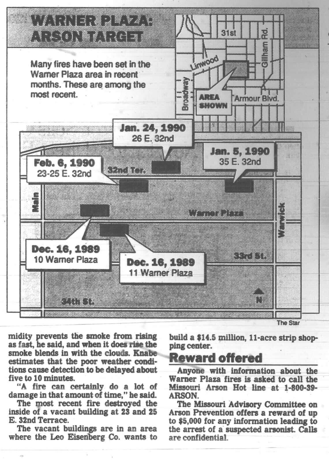 Fires destroyed much of Warner Plaza between December 1989 and February 1990. Between May and June 1990, the area saw an additional 13 arson fires.