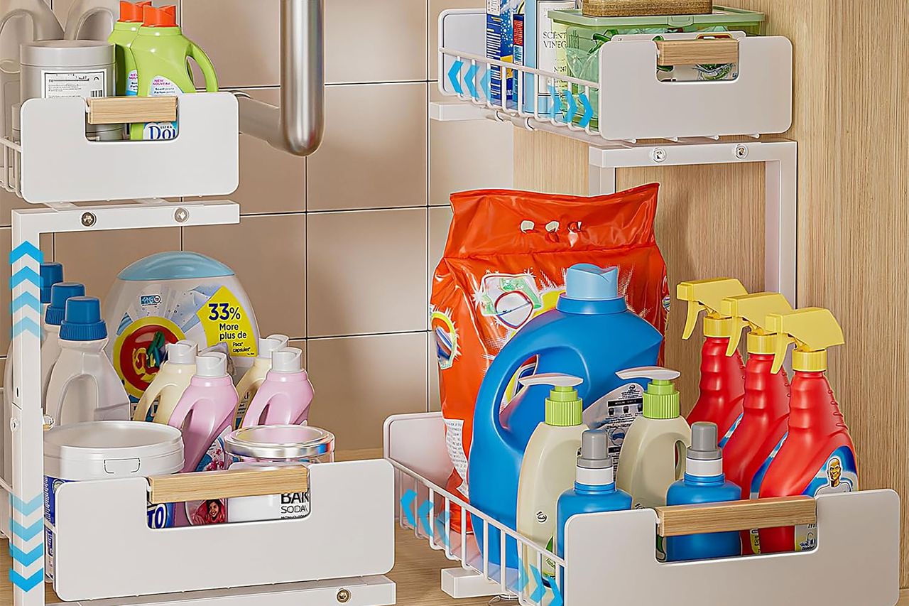 Delamu Under Sink Organizer 2 Pack, Pull Out Cabinet Organizer for Kitchen Sink, 2 Tier Metal Slide Out Shelf Caddy