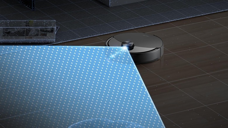 A robot vacuum's pathway when cleaning highlighted in blue