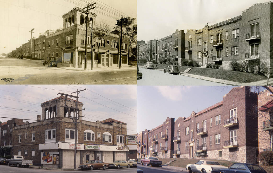 Before and after shots show the Warner Plaza in the 1920s and 1980s.
