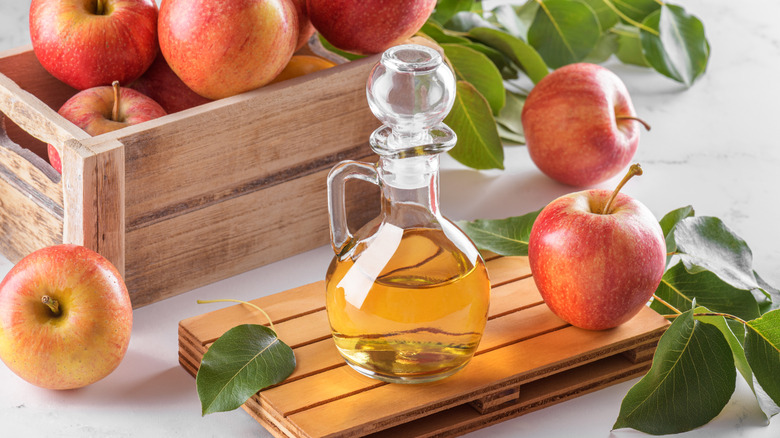 Apple cider vinegar in a glass bottle, surrounded by apples