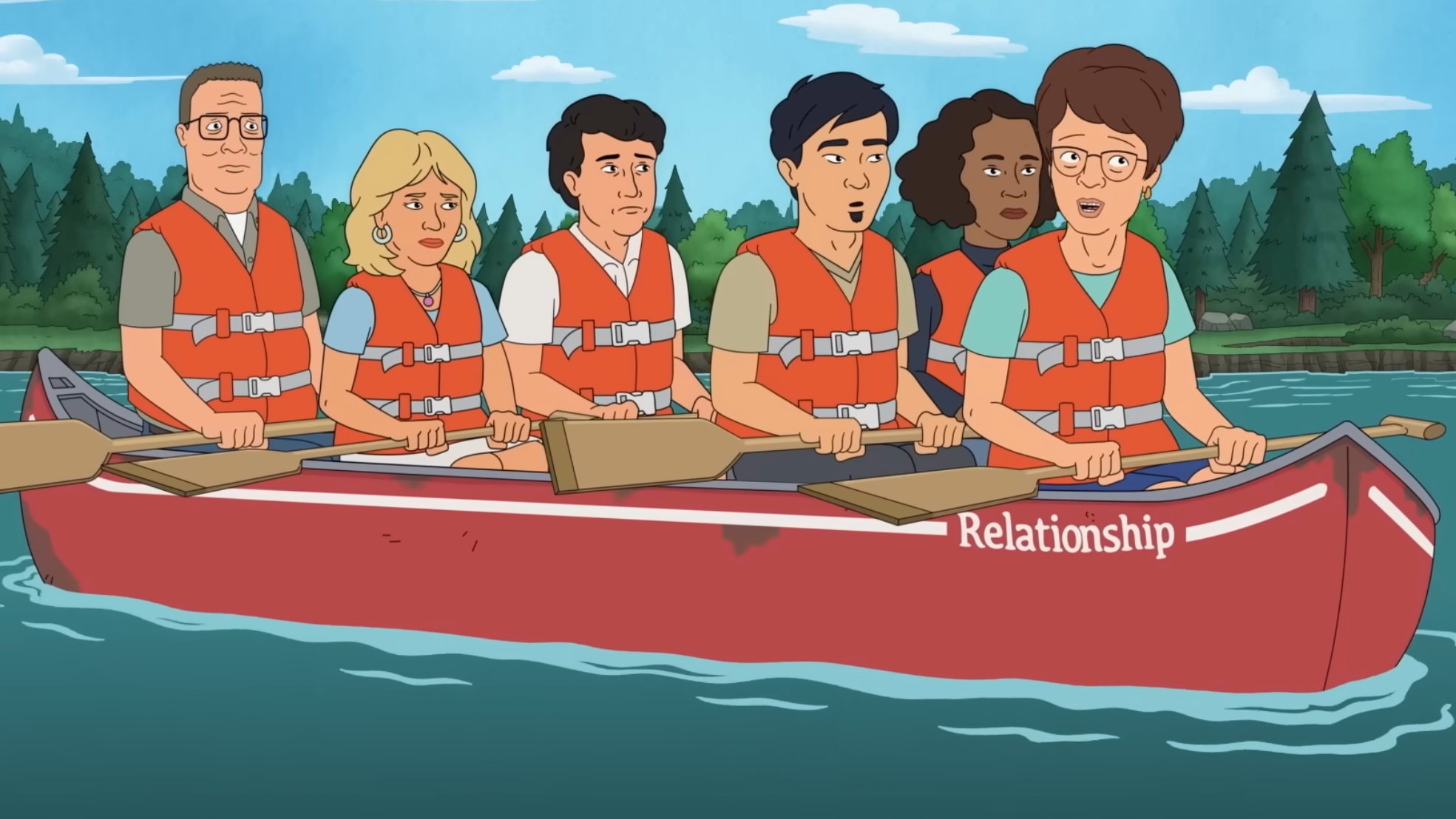 Still from King of the Hill Season 15 with Hank and Peggy in a canoe