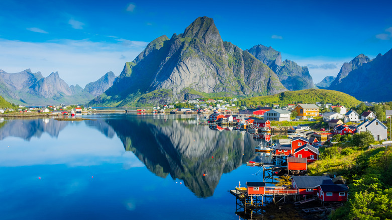 The small fishing village and mountains of Reine, Norway in the Lofoten Islands