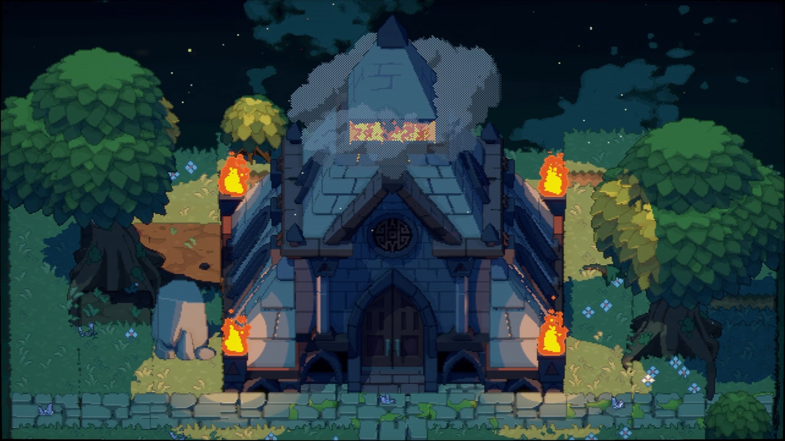 Never's End temple with flames within