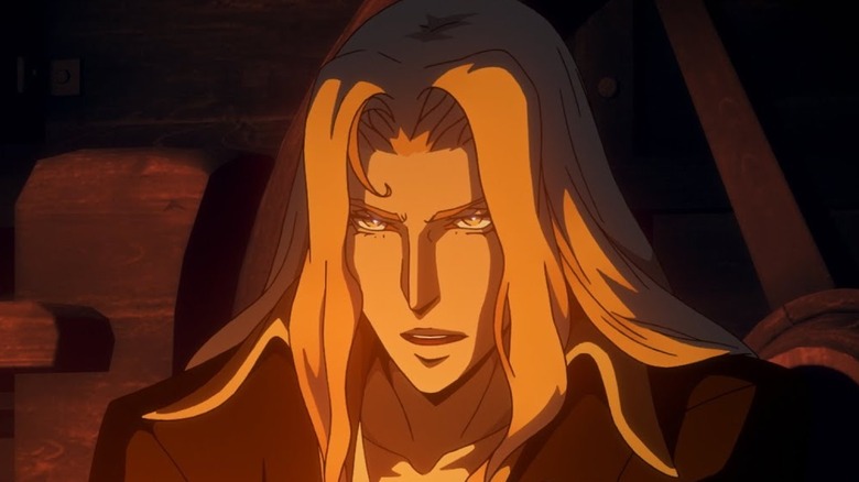 Alucard looking up lit by a fire in Castlevania