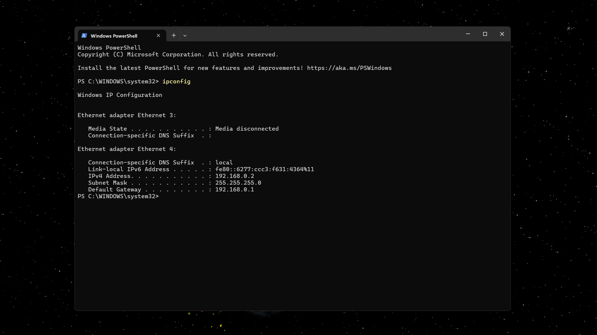 running ipconfig in PowerShell.