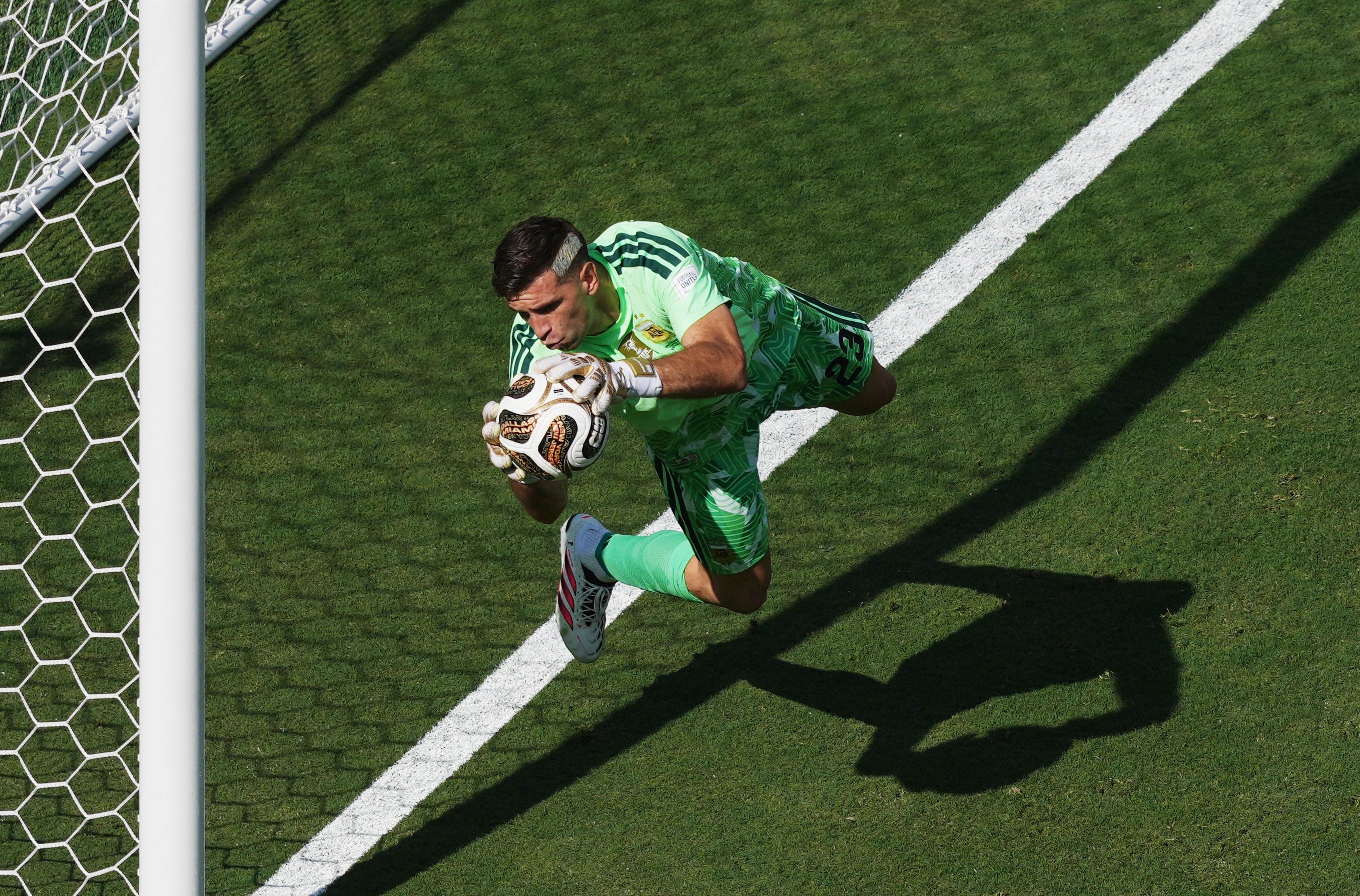 Argentina's Emiliano Martinez makes a save against Spain during the World Cup final in New Jersey on July 19, 2026.