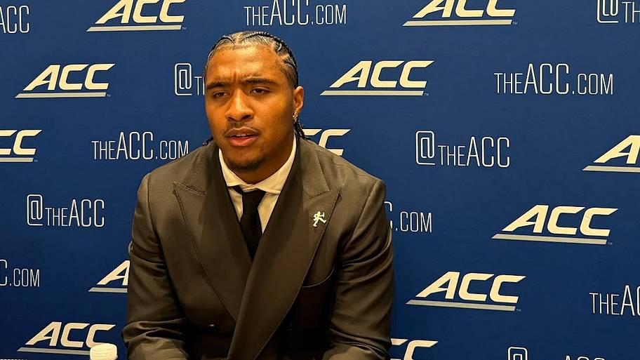 Wake Forest quarterback Gio Lopez talks with media at ACC Kickoff.