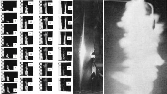 Caught at 35,000 frames per second: numbered frames show a jet of cold fog erupting from the barrel of a water arc accelerator. At centre, a two-metre-tall fog jet travels at supersonic speed; at right, a cold fog explosion. The fog stayed barely warmer than the room, ruling out steam and deepening the mystery. (Images: Graneau et al., Journal of Plasma Physics, Cambridge University Press)