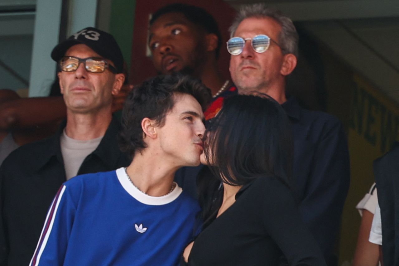 Timothee Chalamet and Kylie Jenner attend the 2026 World Cup football tournament final match between Spain and Argentina in East Rutherford on July 19, 2026.