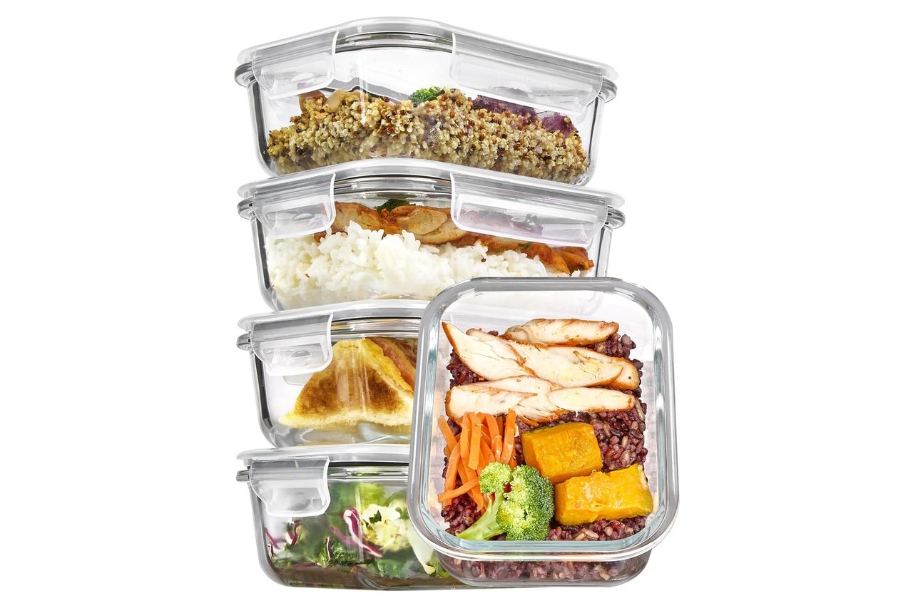 Vtopmart 5Pack 22oz Glass Storage Containers with Lids, Glass Meal Prep Food Container Sets with Snap Airtight Lid for Microwave, Oven, Freezer and Dishwasher, Grey