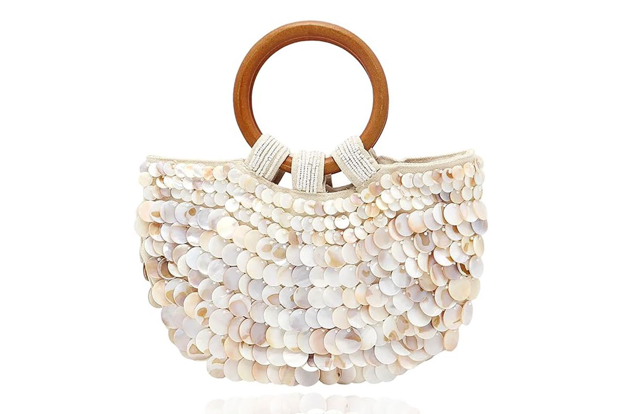 Miuco Shell Purse For Women Handmade Seashell Beaded Clutch Beach Wooden Top Handle Bag