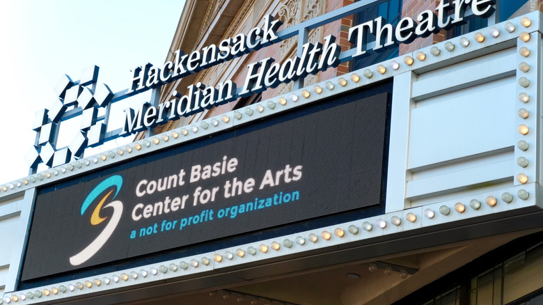 Close up of the marquee at the Count Basie Center for the Arts in Red Bank, New Jersey on a cloudy day