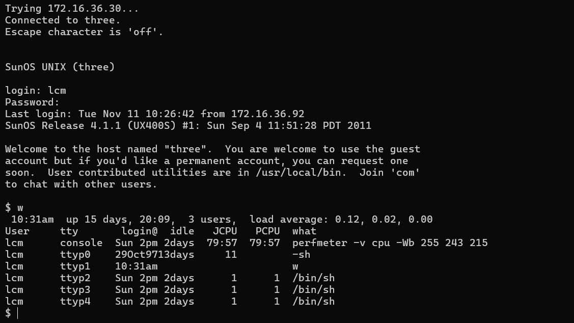 SSH session in a vintage Unix system.