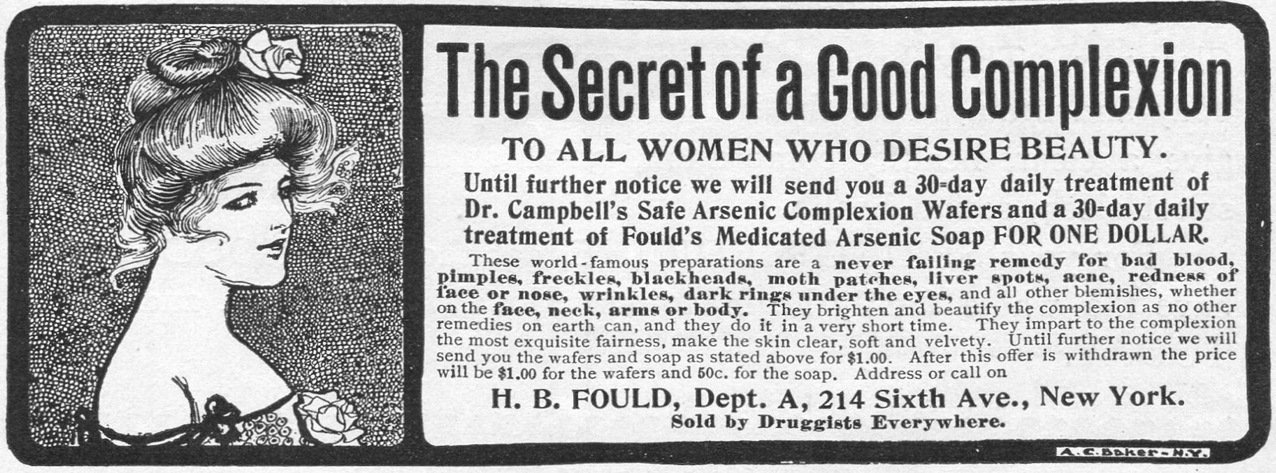 Advertisement for Dr. Campbell's Safe Arsenic Complexion Wafers, promoting beauty benefits and addressing blemishes for one dollar