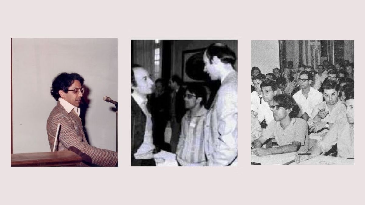 From left to right: Srivastava giving a seminar at an international conference at the INFN National Laboratory of Frascati in Rome in the 1980s; at a conference at the Accademia dei Lincei in Rome; and in the front row at the International School of Physics, Erice, Sicily. (Photo: By special arrangement)