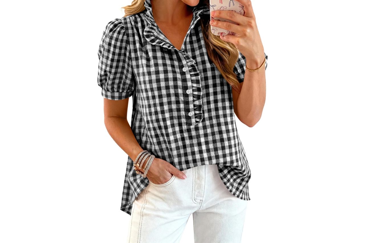 MASCOMODA Womens Puff Short Sleeve Summer Tops Striped Plaid Ruffle V Neck Button Down Shirts Business Casual Work Blouses