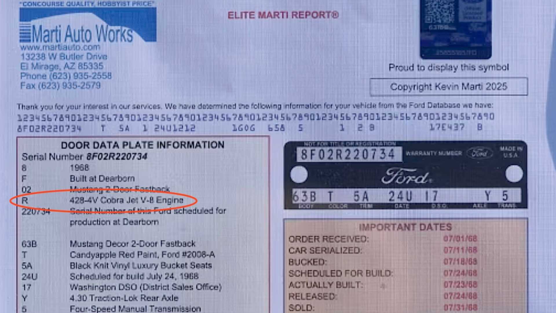 Marti Report of 1968 Ford Mustang GT