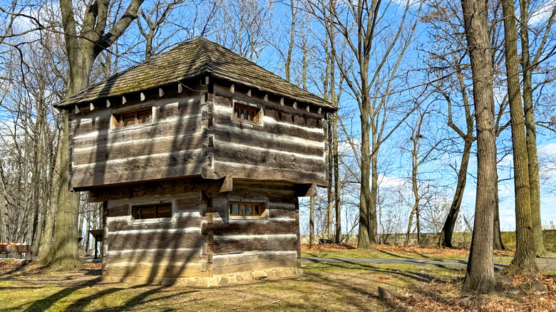 Reproduction blockhouse from Revolutionary War encampment at Fort Lee Historic Park, Fort Lee, New Jersey