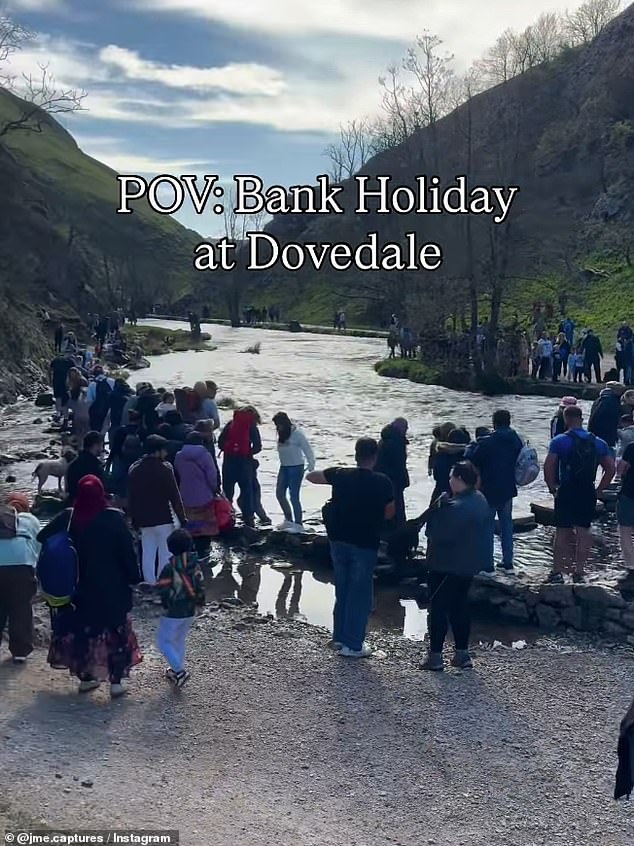 There are frequently queues of people waiting to cross the Dovedale stepping stones