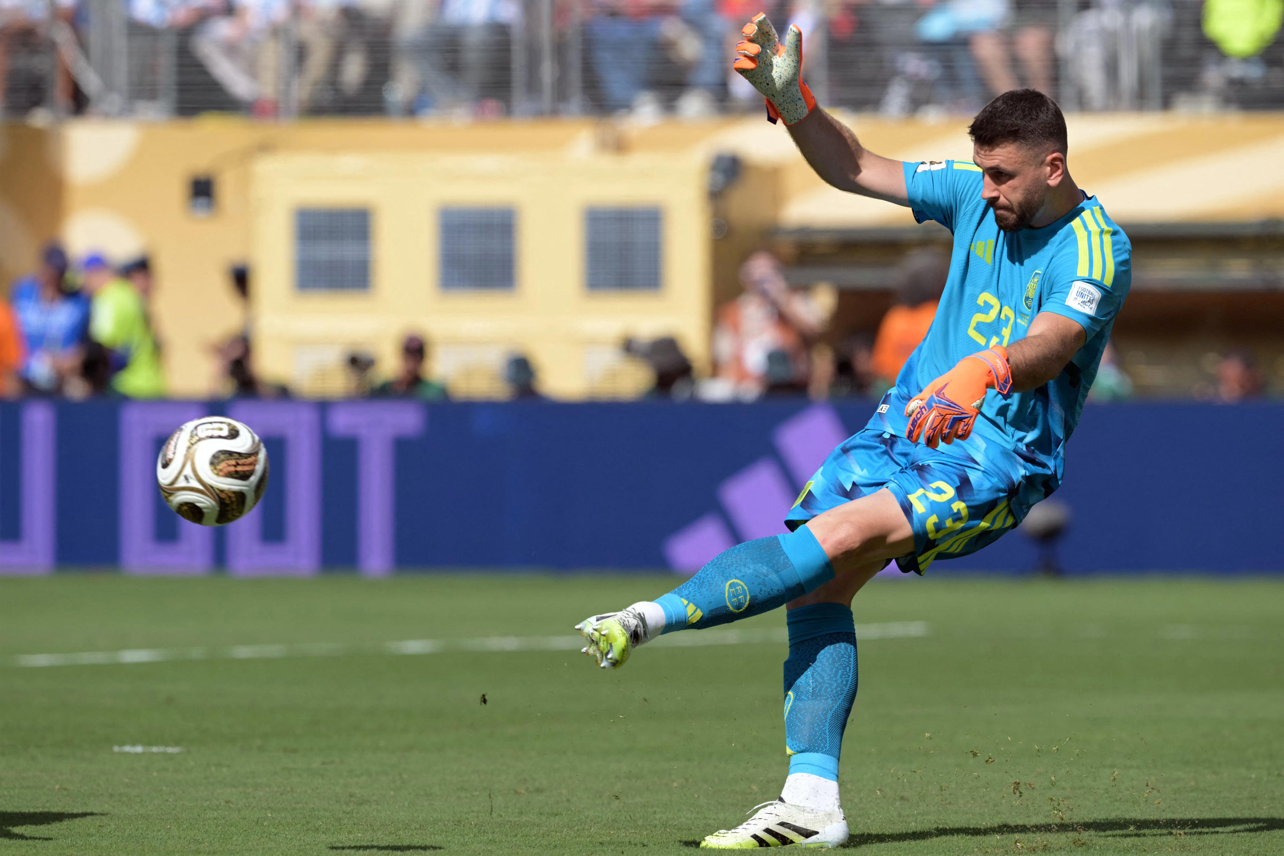 Spain's goalkeeper Unai Simon kicks the ball during the 2026 World Cup final match between Spain and Argentina on July 19, 2026.
