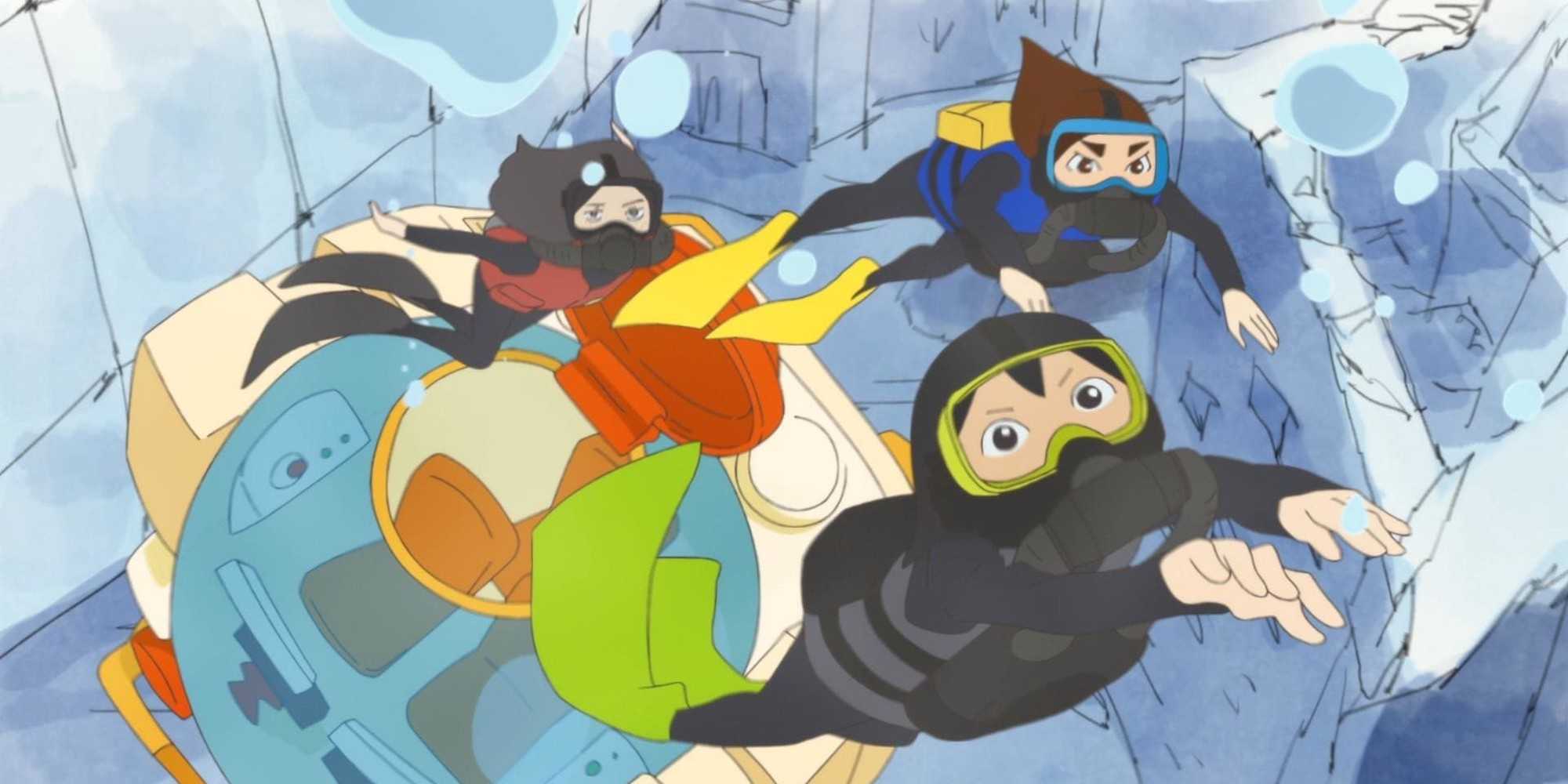 Midori and her friends swim through the ocean in their drawings in Keep Your Hands Off Eizouken!