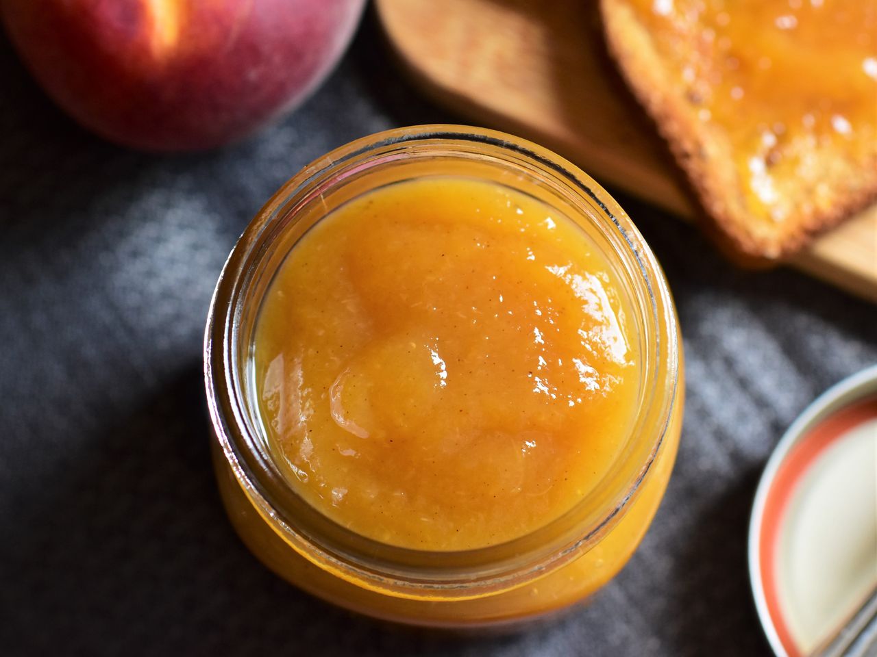 bird's eye view peach butter in a jar