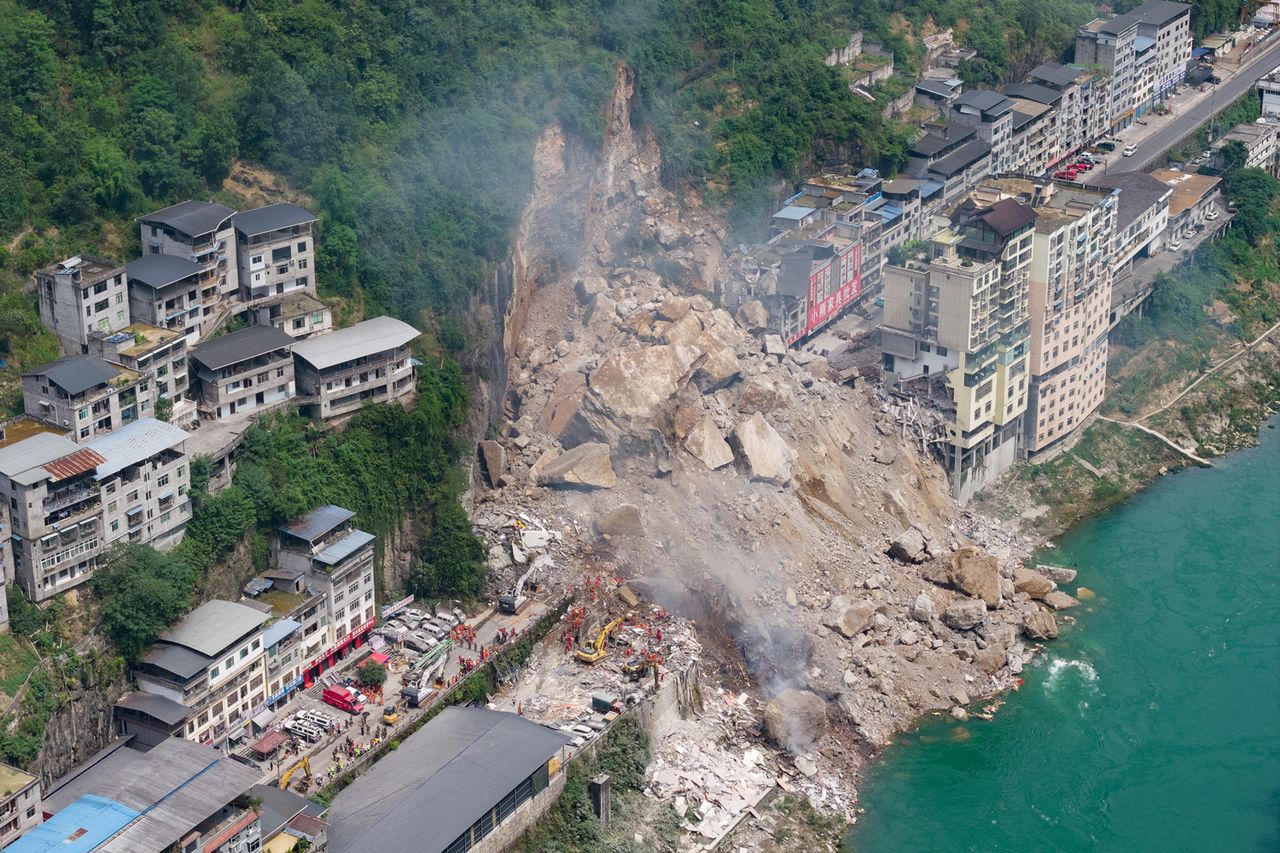 Aerial view of the site of a rainfall-induced landslide along a section of the Wujiang River on July 17, 2026 in Pengshui, Chongqing Municipality of China.