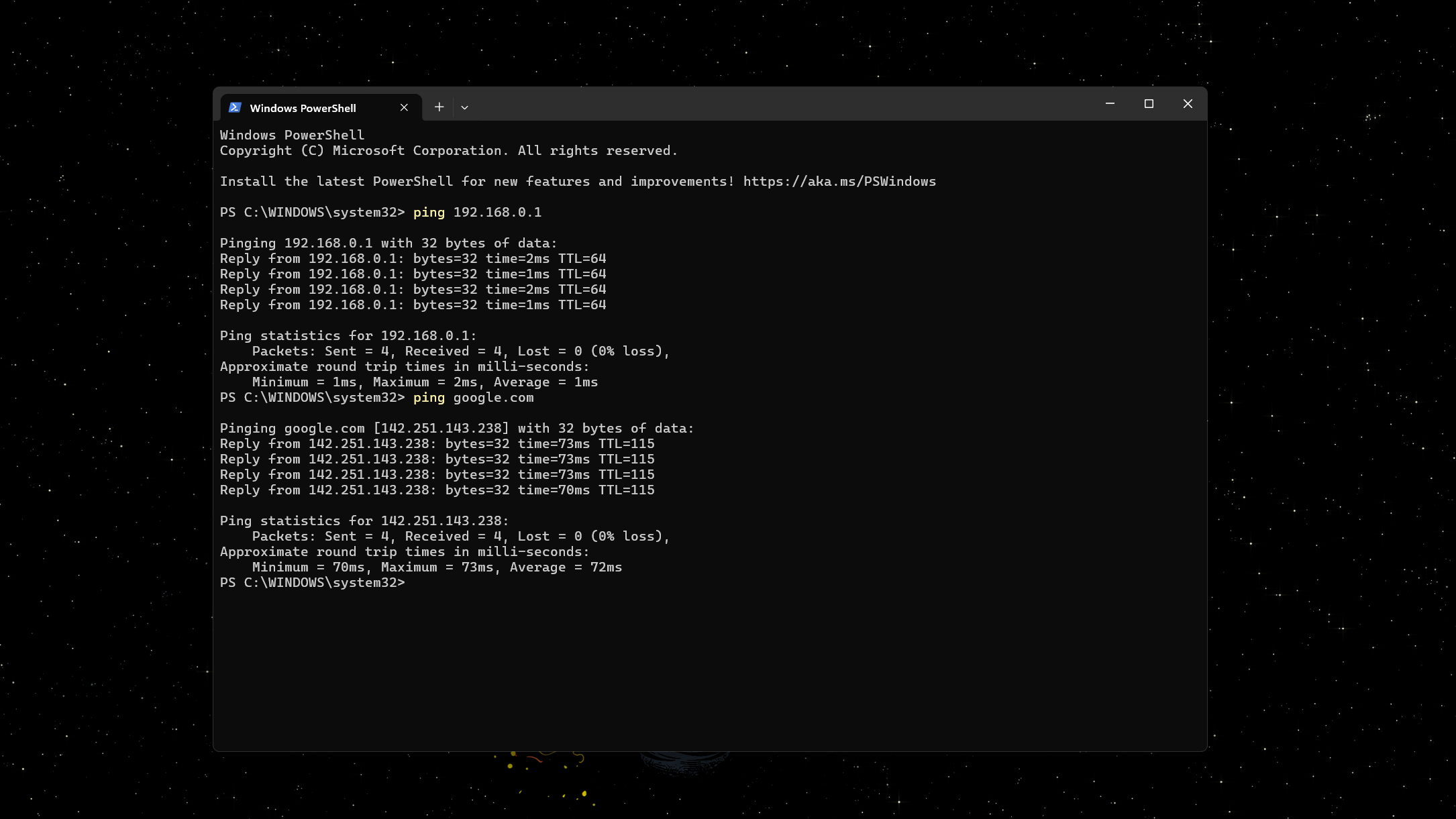 running ping in PowerShell.
